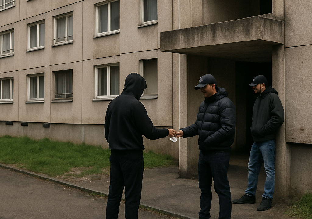 scène de narcotrafic au pied d'un immeuble